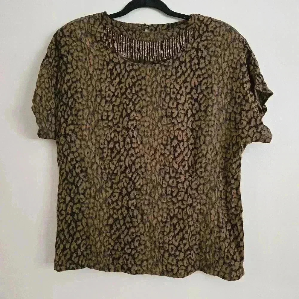Carole Little 90s Leopard Print Blouse With Bead Fringe Size 6  #047